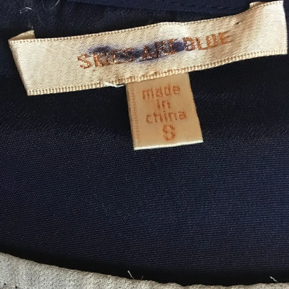 Skies are Blue Blouse Pleated Hem Ivory Blue Maroon Tan Striped Small